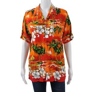 Riley Unisex Orange Floral Button-Up Short Sleeve Top Size One Size